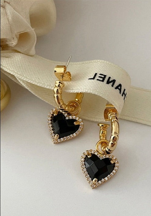 Black Zircon Gold Plated Heart Earrings