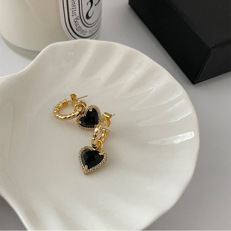 Black Zircon Gold Plated Heart Earrings