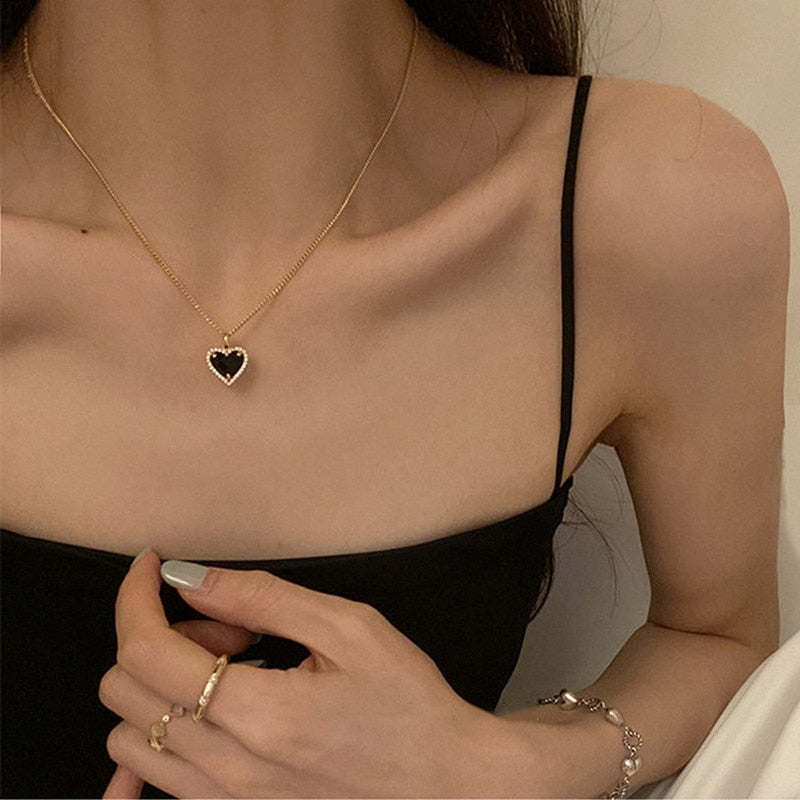 Black Zircon Heart Pendant Necklace