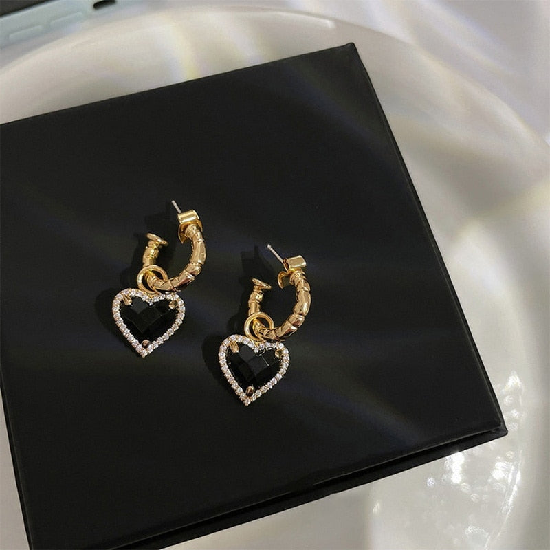 Black Zircon Gold Plated Heart Earrings