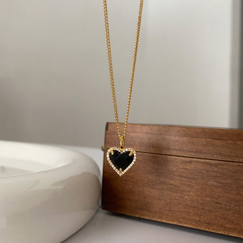 Black Zircon Heart Pendant Necklace