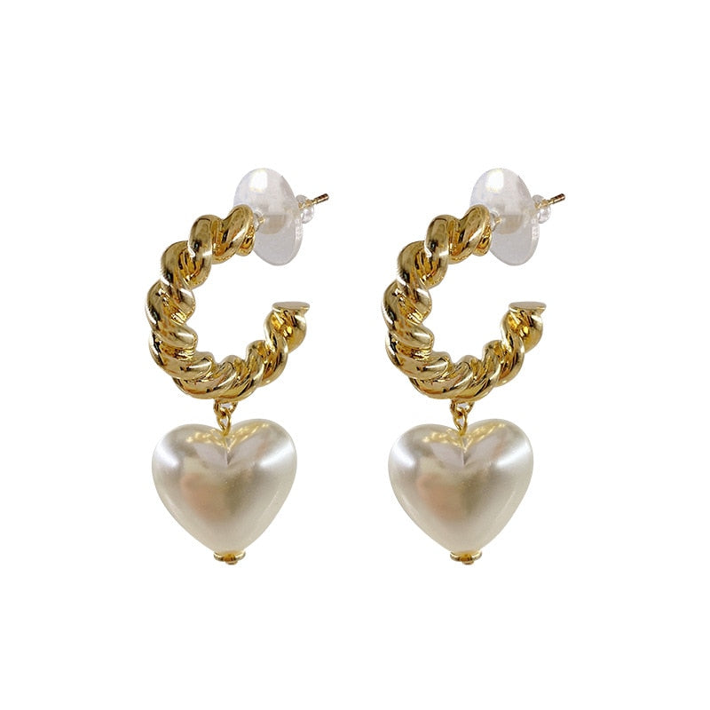 Gold Weave Pearl Heart Hooped Earrings