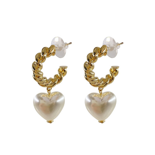 Gold Weave Pearl Heart Hooped Earrings