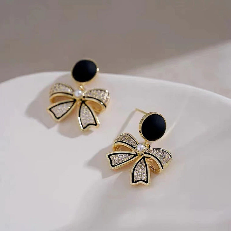 Black Zirconia Crystal Bow Earrings