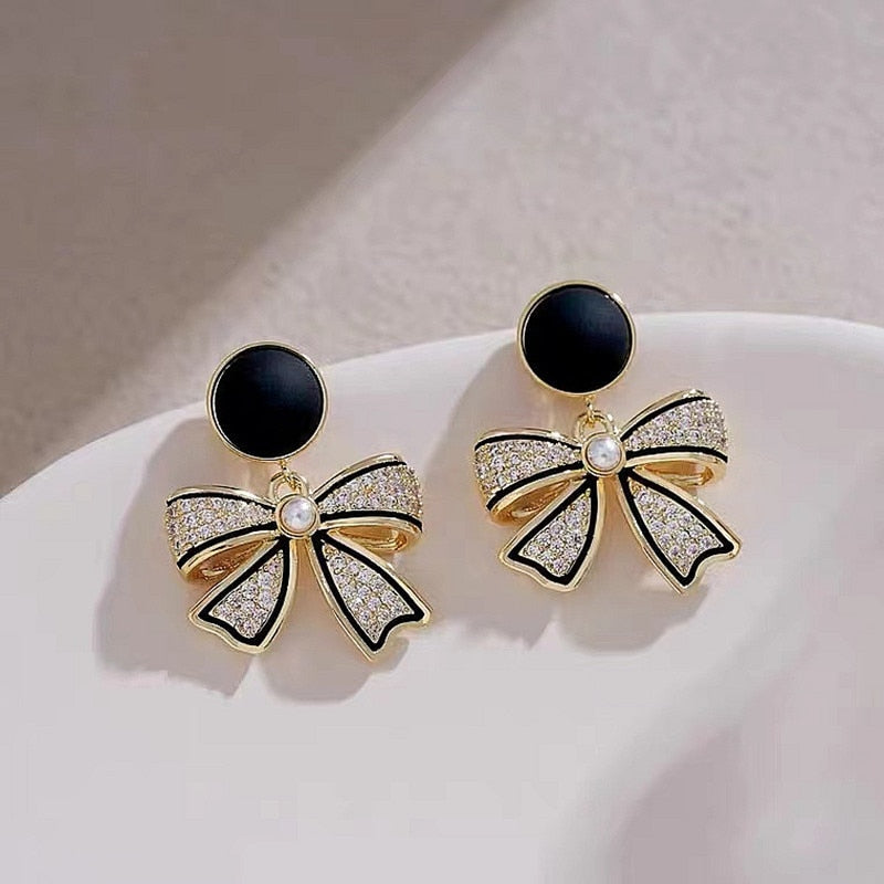 Black Zirconia Crystal Bow Earrings