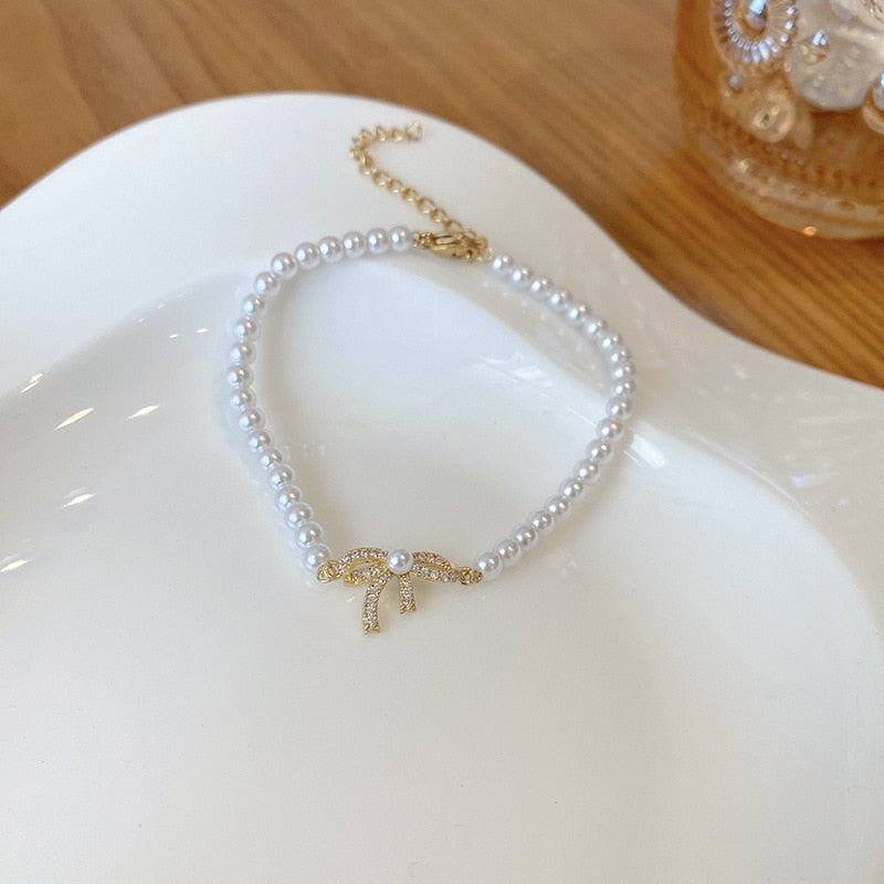 Rosette Pearl Bow Zirconia Bracelet