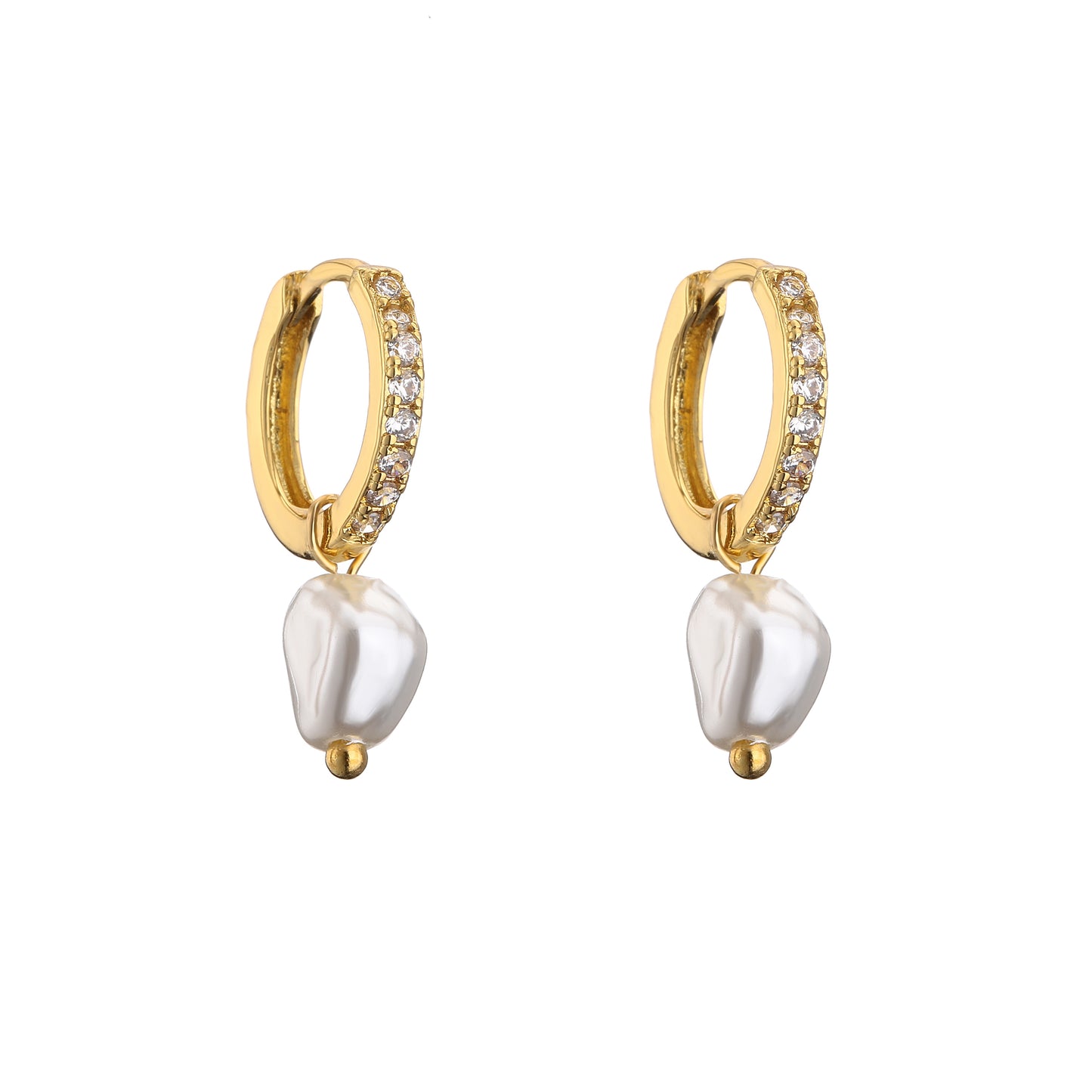 Gold Pearl Zirconia Hoop Earrings