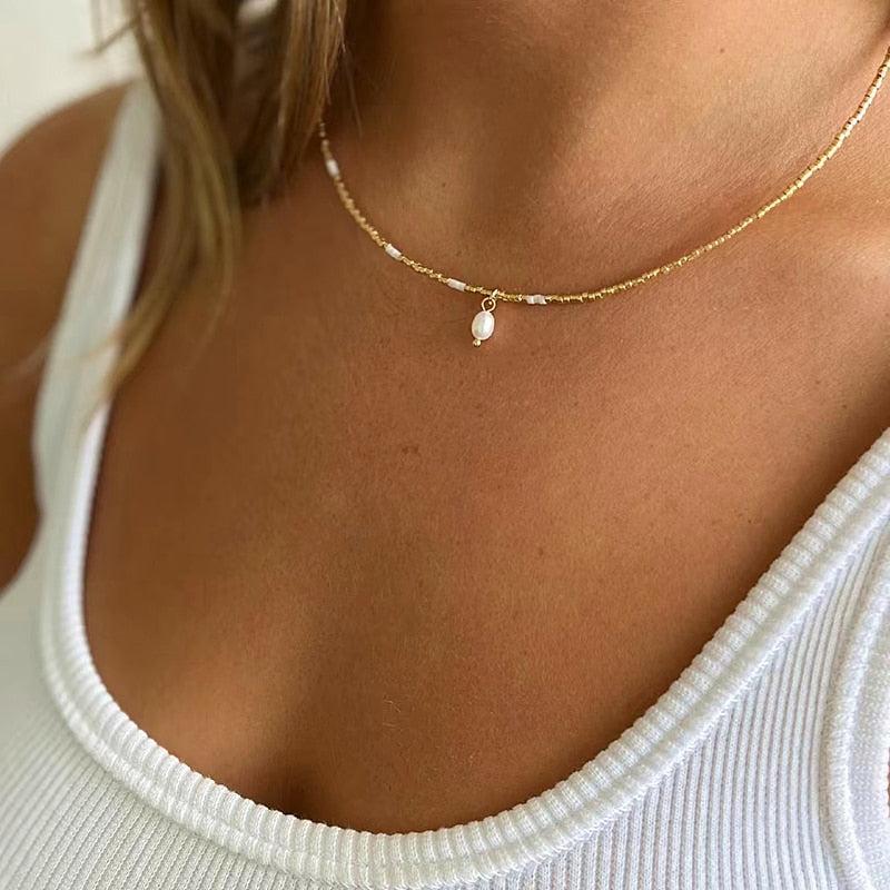 Gold Pearl Chain Necklace